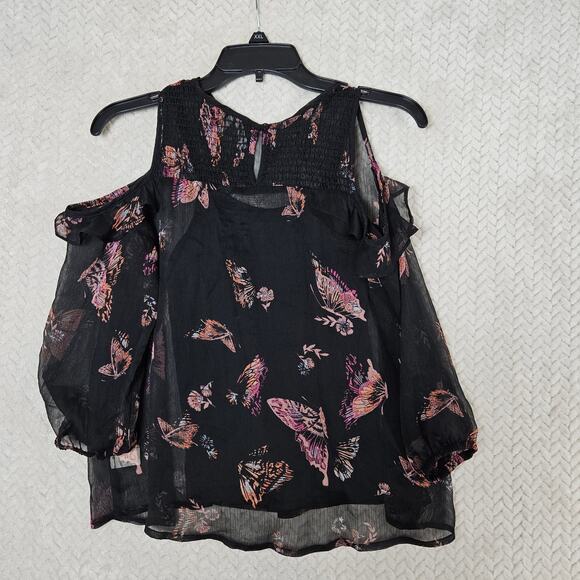 Mudd Cold Shoulder Blouse Womens XS Black Butterfly Print Sheer Boho Fairy Y2K - Picture 7 of 10